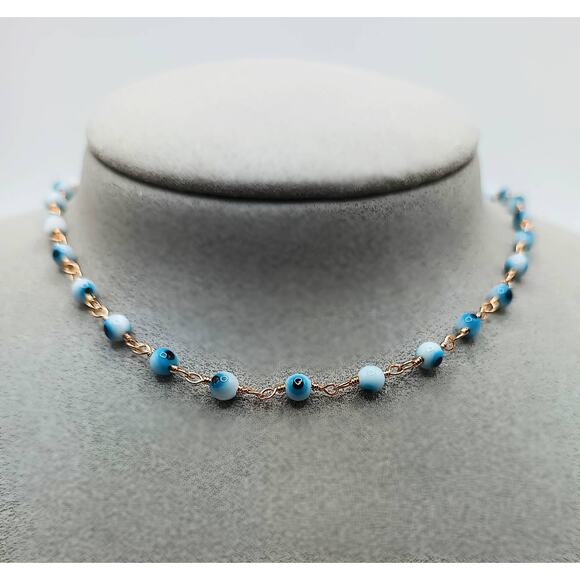 Blue Evil Eye Ceramic Bead Choker Necklace 15–17" Gold Tone Chain New - Picture 2 of 3